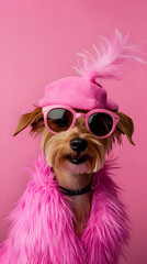 Dog dressed in bright pink accessories poses against a vibrant pink background with sunglasses and a playful expression