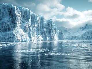 Poster - Melting Glacier Streaming into Icy Ocean with Distant Polar Landscape