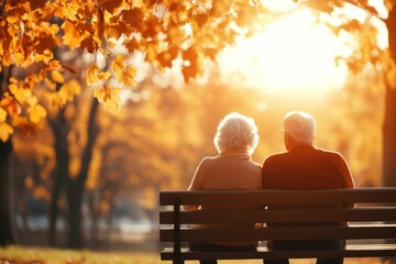 Poster - A couple sitting on a park bench, holding hands and smiling at each other as golden light surrounds them
