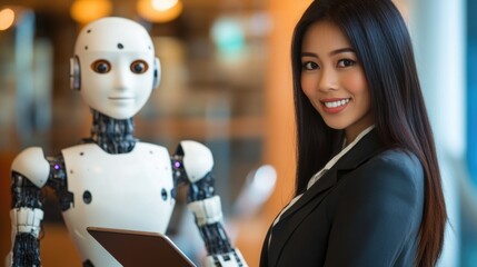 Poster - Businesswoman in suit smiling with tablet beside humanoid robot in modern office environment showcasing technology and teamwork dynamics