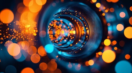 Poster - An intricate closeup reveals the microscope lens, its surface shimmering with blue accents and glowing orange bokeh lights. This captivating display showcases the wonders of science in action