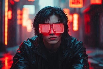Aufkleber - A cyberpunk-inspired depiction of a person sitting in a rain-soaked alley, their face illuminated by glowing holographic ads, their clenched jaw and narrowed eyes reflecting their simmering