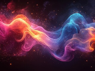 Poster - Glowing Neon Abstract Wave Design with Flowing Colorful Lines on Cosmic Dark Backdrop