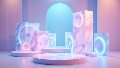 Poster - Minimalist pastel podium with soft pink and blue lighting, holographic empty showcase platform for product display