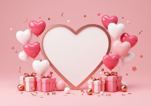 3D Valentine's Day-themed scene featuring a soft pink background. At the center, place a large heart-shaped frame with a metallic rose gold border and a blank white interior.