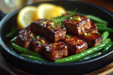 Seared beef cubes with green beans and lemon slices a savory and elegant dish