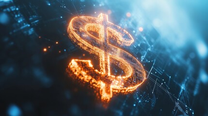 Poster - Bright dollar symbol is glowing over dark digital world map suggesting online money investment, finance and cryptocurrency trading