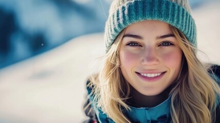 Wall Mural - Smiling young woman in winter attire with a beanie in a snowy landscape capturing the essence of outdoor adventure and joy