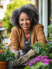 Wall Mural - A woman with a big smile is standing in front of a potted plant