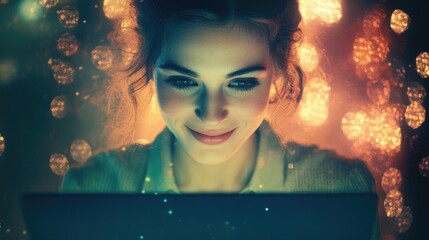 Poster - Smiling woman using laptop with glowing lights in background representing modern education and technology concepts.