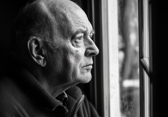 Wall Mural - A man with a bald head looking out a window