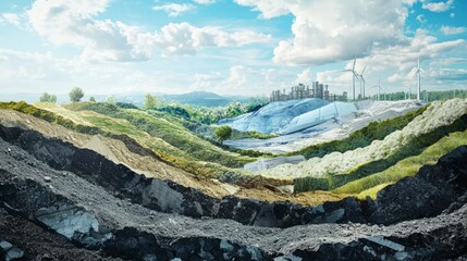 Net zero carbon transformation. A vibrant landscape showing layered earth, wind turbines, and a distant industrial structure under a bright blue sky with scattered clouds.