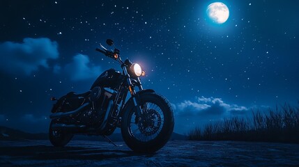 Wall Mural - a motorcycle parked under a starry night sky, with soft moonlight illuminating the scene. digital