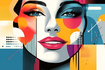 Poster - A flat, abstract representation of a smiling face, with bold, colorful shapes forming the eyes and mouth to evoke joy