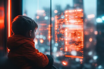 Poster - A futuristic scene of a person gazing out of a massive window overlooking a glowing, vibrant cityscape, their face lit with hope and optimism for the future