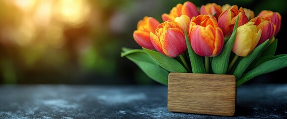 Canvas Print - Vibrant Orange Pink Tulips in Wooden Box Soft Sunlight