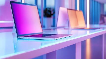 Poster - Modern laptop on a sleek table with vibrant lighting in a tech store showcasing innovation