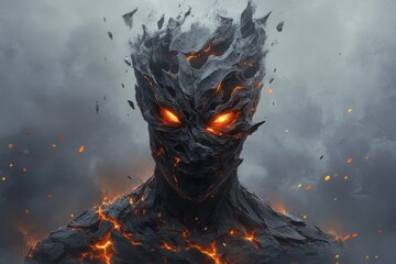 Aufkleber - A gothic depiction of a person consumed by rage, their dark, shadowy form surrounded by fiery cracks and ominous glowing red eyes in the background