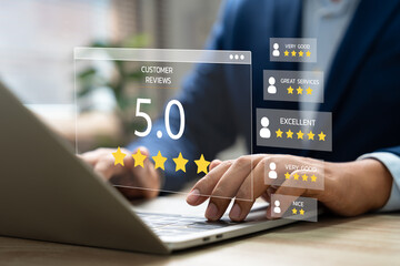 Wall Mural - customer satisfaction feedback survey, man using laptop for online reviews and ratings to evaluate s