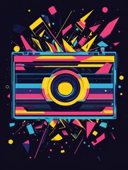 Poster - A Vibrant Digital Camera Graphic With Geometric Shapes and a Dark Background Design