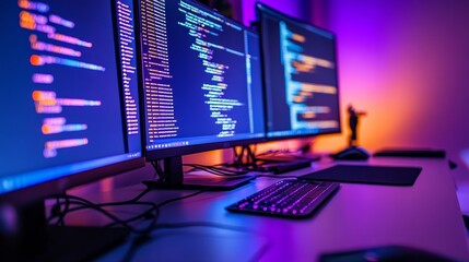 Aufkleber - A modern workspace featuring multiple monitors displaying colorful code with ambient lighting