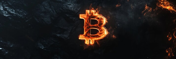 Poster - Fiery bitcoin symbol burning against a dark rocky background representing the volatile nature of cryptocurrency investments and financial risks