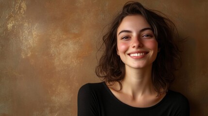 Poster - Portrait of joyful woman with wavy hair smiling against textured brown background showcasing space for personalized text or branding.