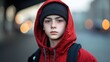 © The 2R Artificiality - Teenage boy in urban setting wearing red hoodie and beanie with blurred city background in Mannheim Germany