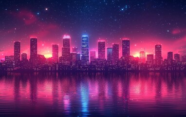 Sticker - Neon City Skyline with Glowing Reflections and Starry Night Sky Futuristic Digital Landscape Concept