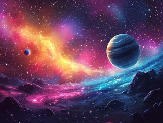 Poster - dazzling neon galaxy with swirling cosmic auroras and glowing planets in a cosmic void