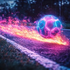 Poster - Dynamic Neon Soccer Ball Mid Flight on Dark Field