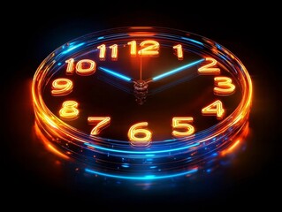 Poster - Mesmerizing Neon Clock Face with Pulsating Light Rings on Dark Gradient Background