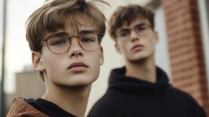 Wall Mural - Young European boys outdoors featuring one wearing glasses in a natural soft-light portrait capturing their stylish expressions.