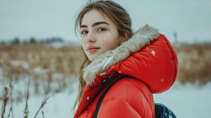 Wall Mural - Young woman wearing a red down jacket in a snowy landscape with a grassy field and overcast sky in winter season