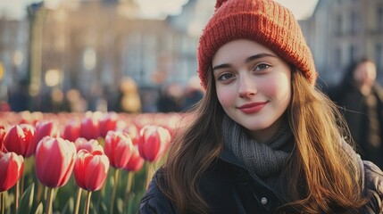 Young woman with long hair wearing a cozy hat smiling amid vibrant tulips in a bustling city setting during springtime.