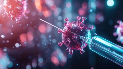 Poster - coronavirus vaccine syringe and microscopic virus molecule in laboratory