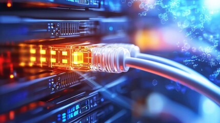 Poster - Close up Shot of Ethernet Cable Plugged into Server Port in Datacenter