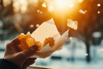Poster - A person holding a crumpled piece of paper, their face showing disappointment as sunlight streams through a window