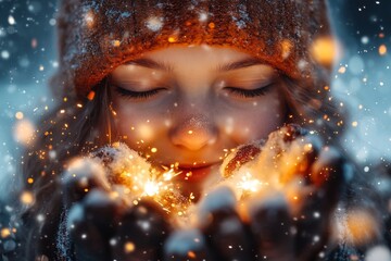 Poster - A person holding a sparking firework in each hand, their face lit with excitement and their joy framed by a dark, starry sky