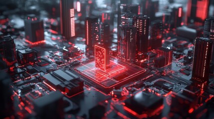 Poster - Futuristic 3D Rendering of Intricate Computer Circuit Board with Glowing Red Energy