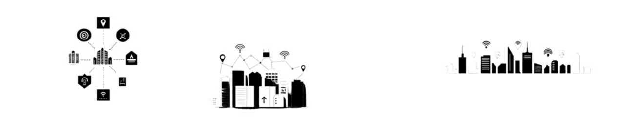 Poster - A smart city graphic depicted in a single blue color line art style. banner showcasing innovative technologies. downtown business scene illustrated with infographic elements. modern illustration of a