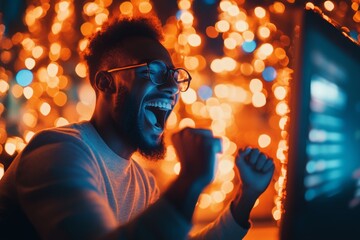 Poster - A person sitting at a computer in a bright, colorful workspace, their expression excited and optimistic as they work on a creative project