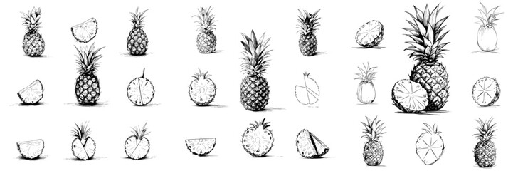 Wall Mural - hand-drawn modern black and white illustrations of pineapples isolated on a white background