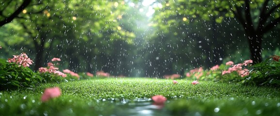 Wall Mural - Rainy Day in Lush Green Forest with Pink Flowers