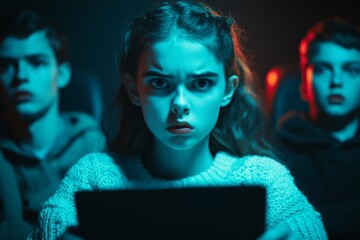 Aufkleber - A person sitting in a darkened theater, glaring at the screen, their face showing signs of dissatisfaction and quiet resentment