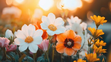 Wall Mural - Vibrant and Blooming Floral Field in Warm Sunny Day