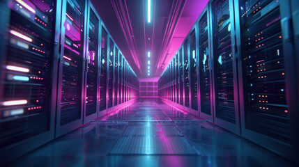 Poster - futuristic data center corridor with glowing lights and server racks creates vibrant atmosphere. interplay of blue and pink hues enhances technological feel