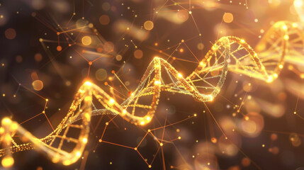 Poster - abstract golden dna strand with glowing particles and connections, symbolizing life and science