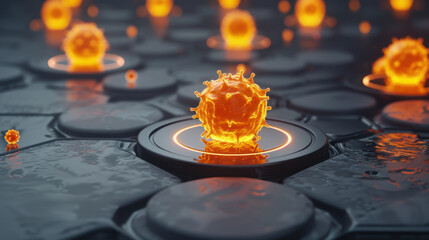 Poster - vibrant depiction of glowing virus like structures on dark, reflective surface, creating striking vi