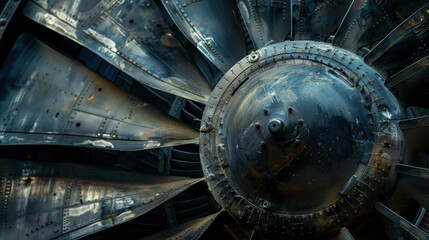 Poster - close up view of aircraft engine turbine showcasing intricate details and textures, highlighting engineering marvel of aviation technology